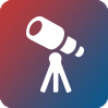 Telescope sits on tripod, red-blue circle.